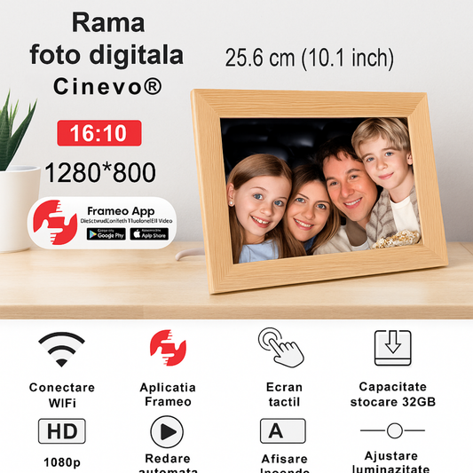 Rama Foto Digitală Cinevo® 10.1” HD – Wi-Fi, Touchscreen, 32GB, Aplicație Frameo, Design Lemn Natural