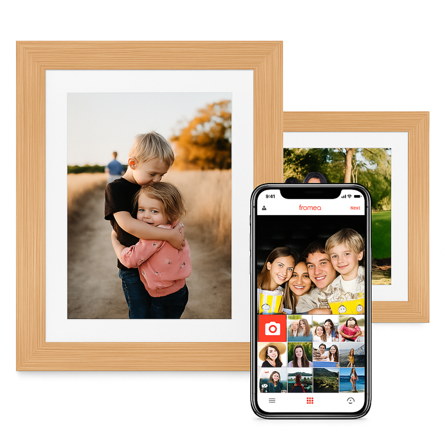 Rama Foto Digitală Cinevo® 10.1” HD – Wi-Fi, Touchscreen, 32GB, Aplicație Frameo, Design Lemn Natural