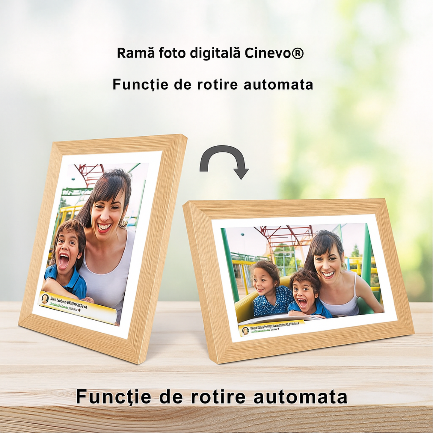 Rama Foto Digitală Cinevo® 10.1” HD – Wi-Fi, Touchscreen, 32GB, Aplicație Frameo, Design Lemn Natural