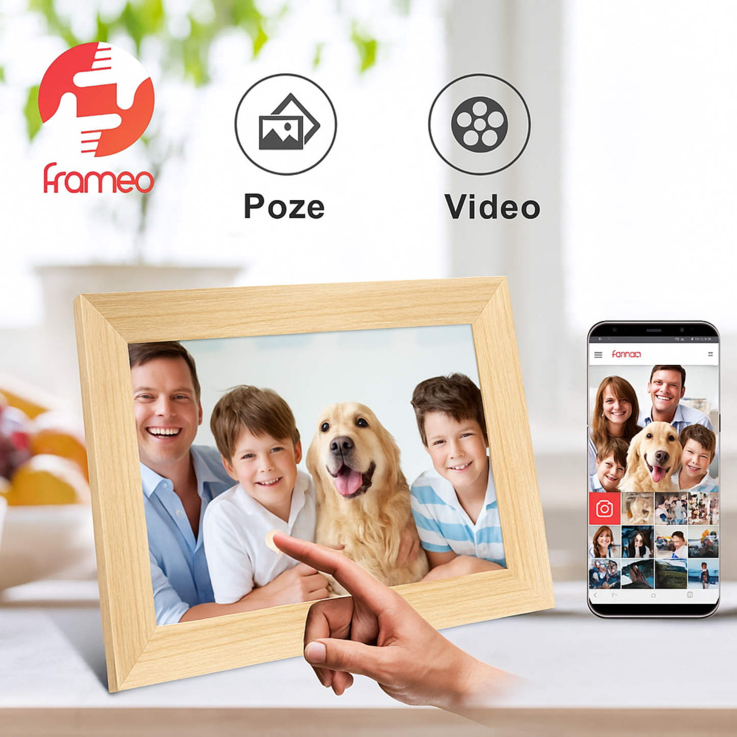 Rama Foto Digitală Cinevo® 10.1” HD – Wi-Fi, Touchscreen, 32GB, Aplicație Frameo, Design Lemn Natural