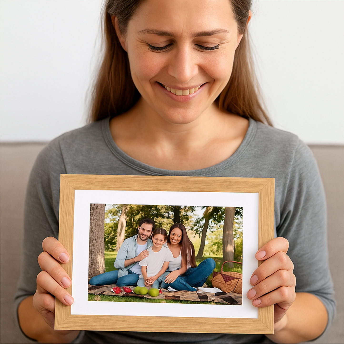 Rama Foto Digitală Cinevo® 10.1” HD – Wi-Fi, Touchscreen, 32GB, Aplicație Frameo, Design Lemn Natural