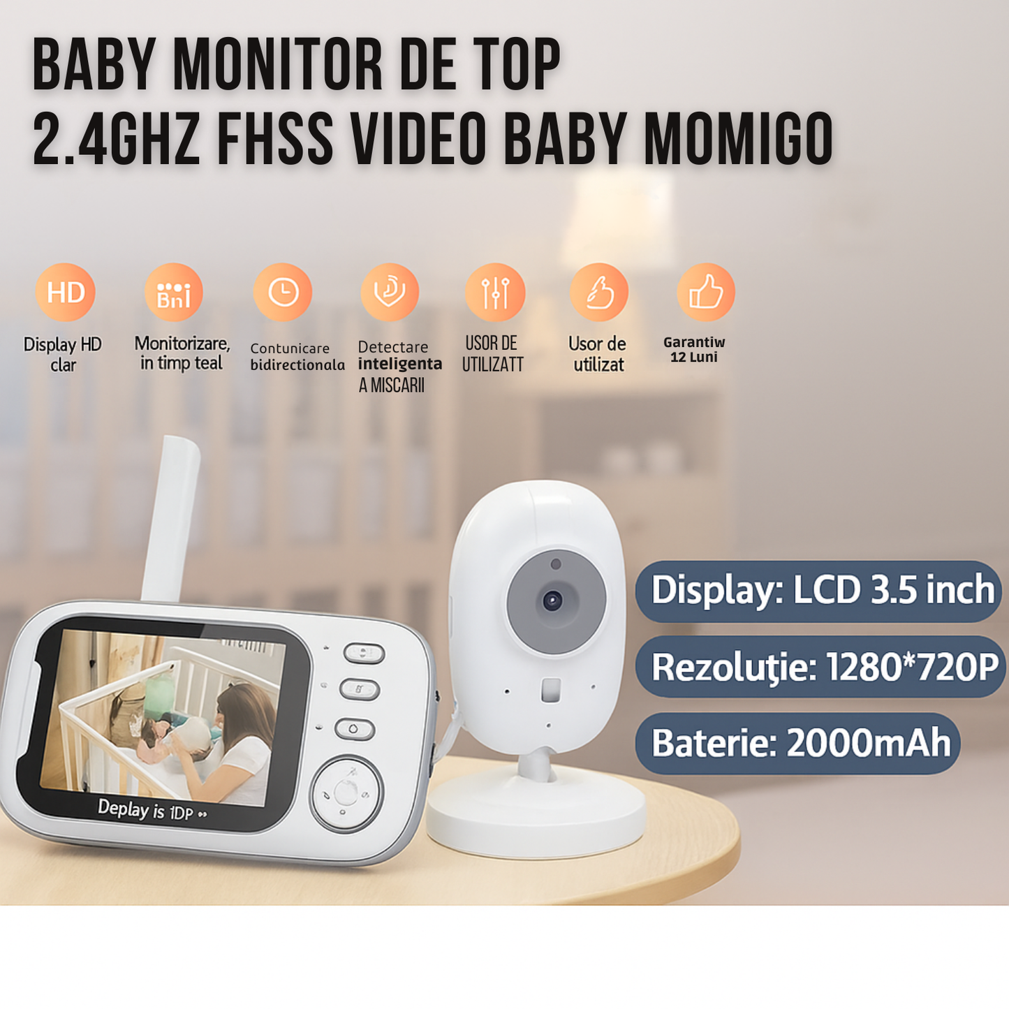 Baby Monitor Cinevo SleepGuard® Pro 720p – Cameră Video HD 3.5”, Comunicare Bidirecțională, Vedere Nocturnă, Senzor Temperatură, Baterie 2000mAh