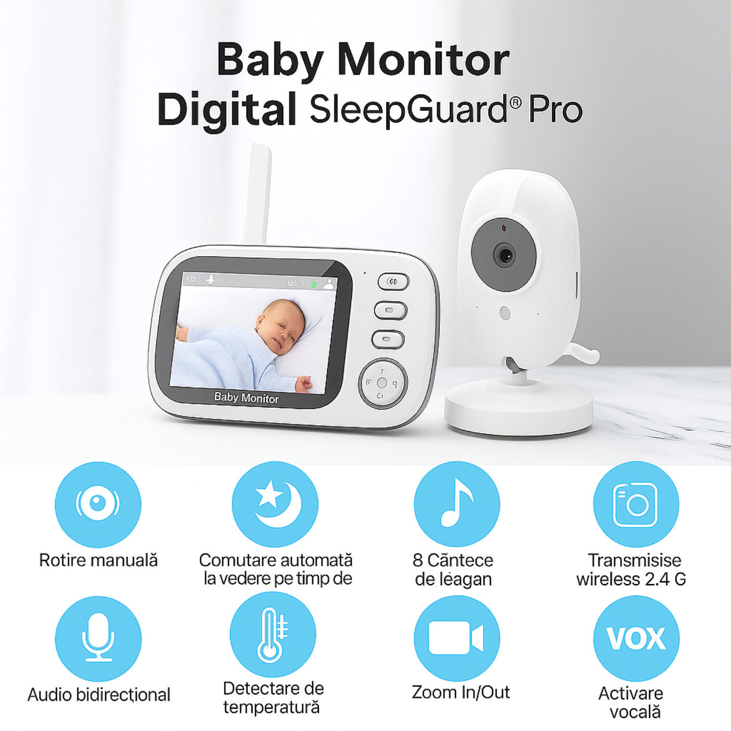 Baby Monitor Cinevo SleepGuard® Pro 720p – Cameră Video HD 3.5”, Comunicare Bidirecțională, Vedere Nocturnă, Senzor Temperatură, Baterie 2000mAh