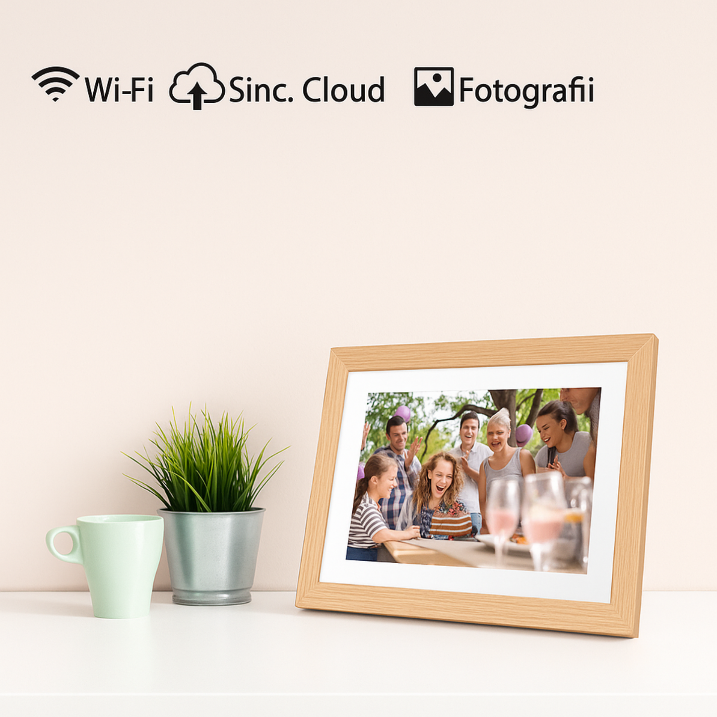 Rama Foto Digitală Cinevo® 10.1” HD – Wi-Fi, Touchscreen, 32GB, Aplicație Frameo, Design Lemn Natural