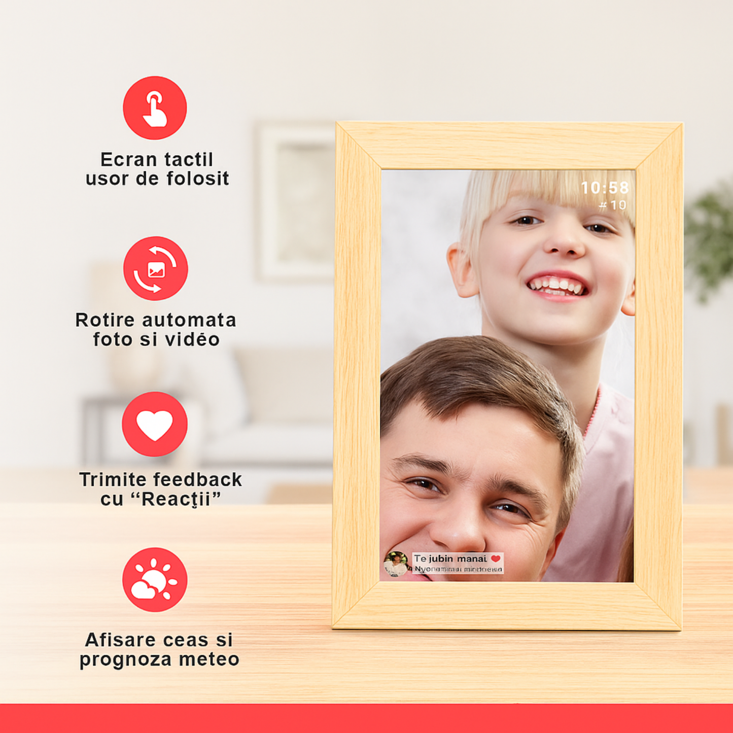 Rama Foto Digitală Cinevo® 10.1” HD – Wi-Fi, Touchscreen, 32GB, Aplicație Frameo, Design Lemn Natural